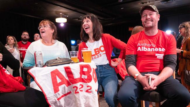 Anthony Albanese supporters gather at the Labor headquarters. Picture: Wendell Teodoro / AFP