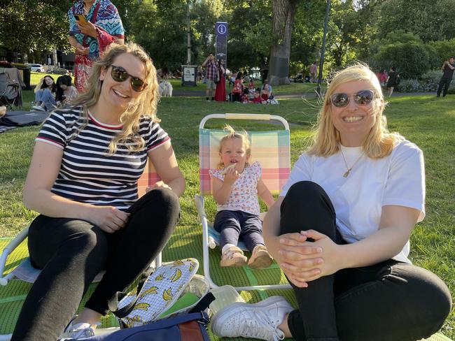 Kate, Olivia and Nita at Flagstaff Gardens in the Melbourne CBD for the 2024 New Year's Eve fireworks. Picture: Himangi Singh