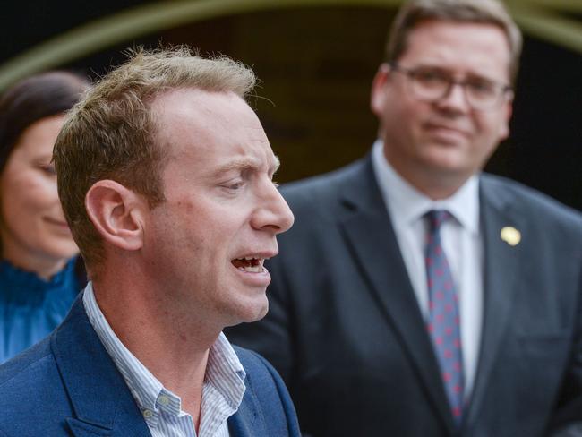 ADELAIDE, AUSTRALIA - NewsWire Photos APRIL 21, 2022: Opposition leader David Speirs, left, with his deputy leader John Gardner at Parliament House. Picture: NCA NewsWire / Brenton Edwards