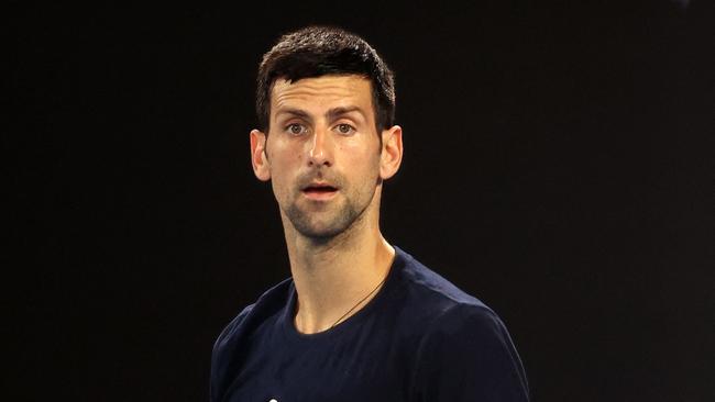 Novak Djokovic practises at Melbourne Park on Friday before his visa was revoked. Picture: AFP