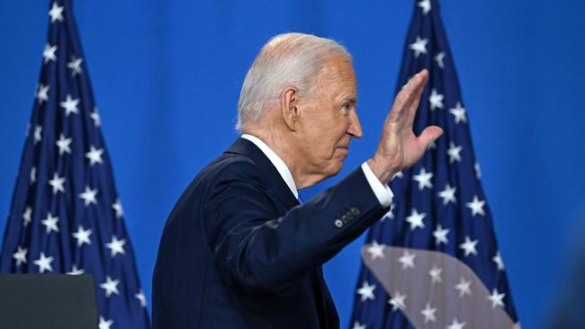 US President Joe Biden waves as he leaves after speaking during a press conference at the close of the 75th NATO Summit. Picture: AFP