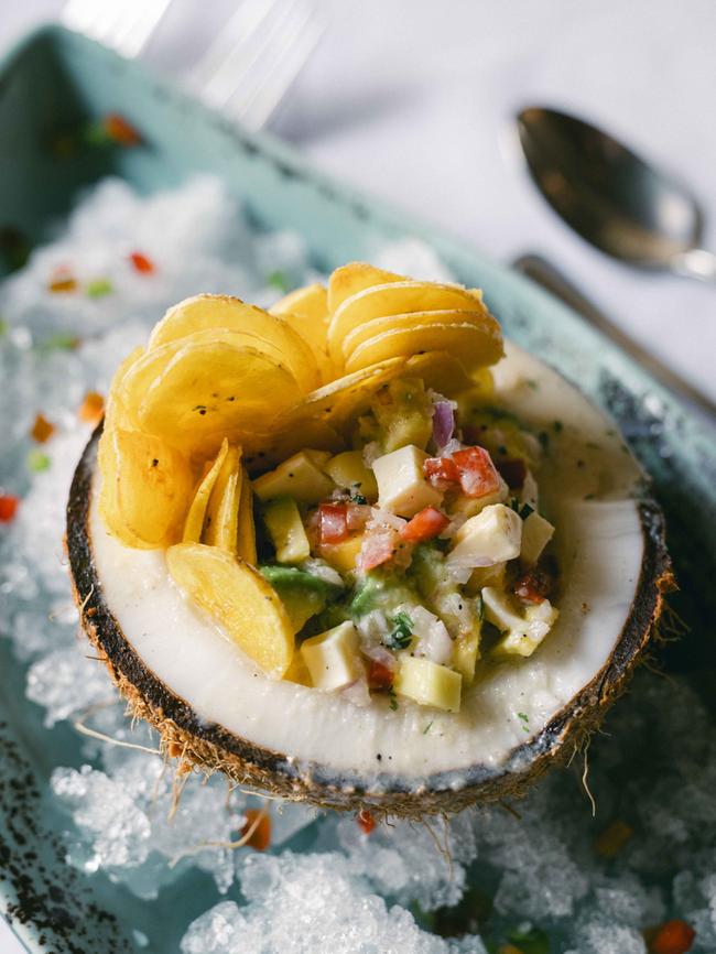 Coconut ceviche at Candé restaurant.