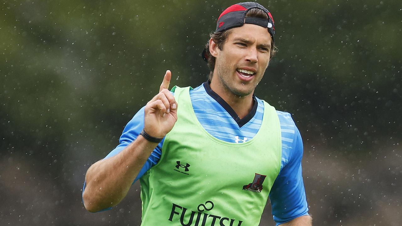 Alex Rance lays down the law on the training track at The Hangar. Picture: Getty Images