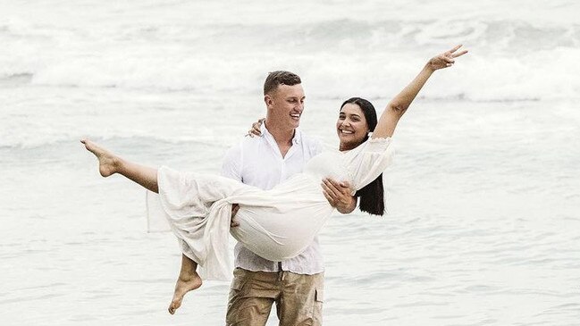 Canberra Raiders player Jack Wighton proposes to partner Monisha in Batemans Bay. Picture: Instagram