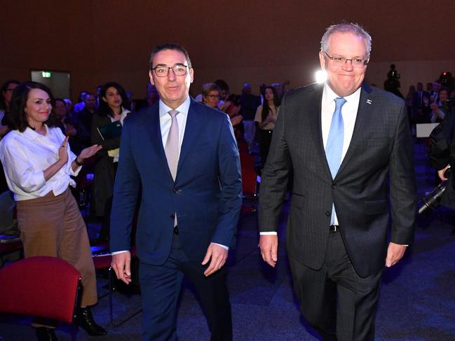 rime Minister Scott Morrison and South Australian Premier Steven Marshall arrive at the State Liberal Party’s annual general meeting in Adelaide last weekend. Picture: NewsWire / David Mariuz