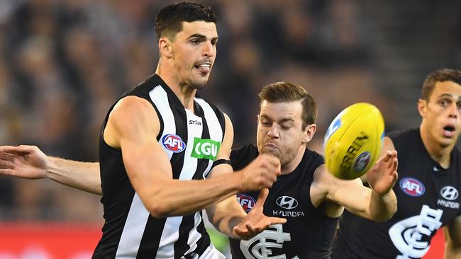 Scott Pendlebury engages with fans via Facebook Live after a match. Picture: Getty Images