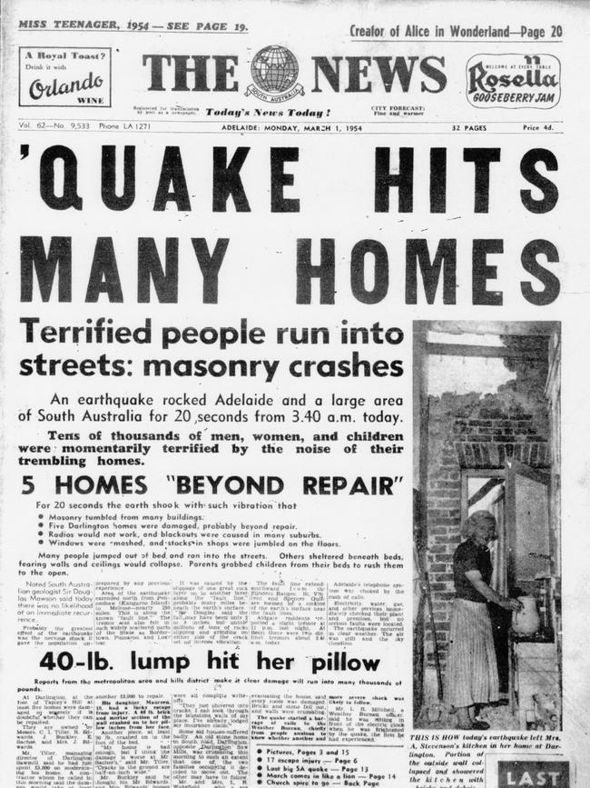 Adelaide newspaper "The News" dated March 1, 1954 with headline "Quake hits many homes".