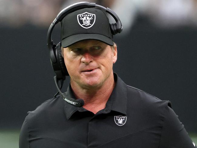 (FILES) In this file photo head coach Jon Gruden of the Las Vegas Raiders reacts during a game against the Chicago Bears at Allegiant Stadium on October 10, 2021 in Las Vegas, Nevada. - Las Vegas Raiders head coach Jon Gruden has resigned, multiple US media reported on October 11, 2021 as allegations of using misogynistic and anti-gay language rocked the coach just days after he was accused of racism. (Photo by Ethan MILLER / GETTY IMAGES NORTH AMERICA / AFP)