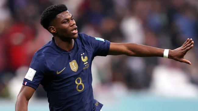 Aurelien Tchouameni celebrates after scoring the first goal quarterfinal between England and France. (Photo by Julian Finney/Getty Images)