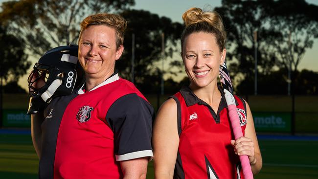 Burnside women’s Premier League goalkeeper Steph Thompson with North East midfielder Holly Evans ahead of their live streamed match. Picture: Matt Loxton