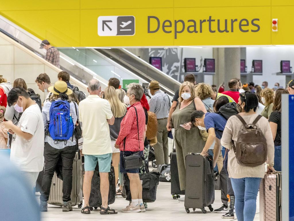 Crowds at Brisbane Airport for start of Easter Holidays. Picture: Richard Walker