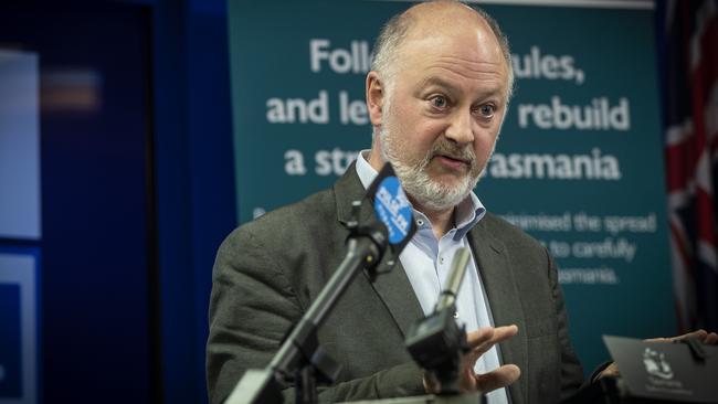 Director of Public Health Dr. Mark Veitch speaks at a coronavirus press conference. Picture: LUKE BOWDEN