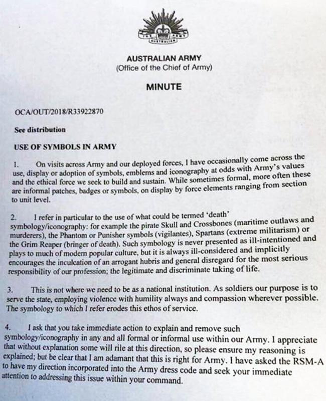 New Defence chief Angus Campbell has banned soldiers wearing ‘symbols of death’ according to newly obtained Australian Army documents.