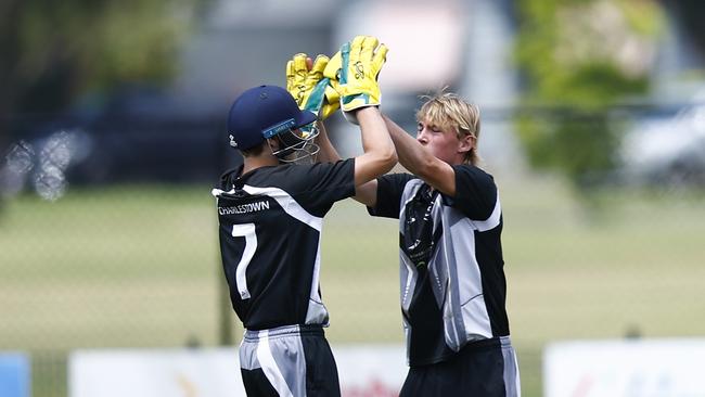 Charlestown's Riley Sharples celebrating a wicket. Picture: Michael Gorton