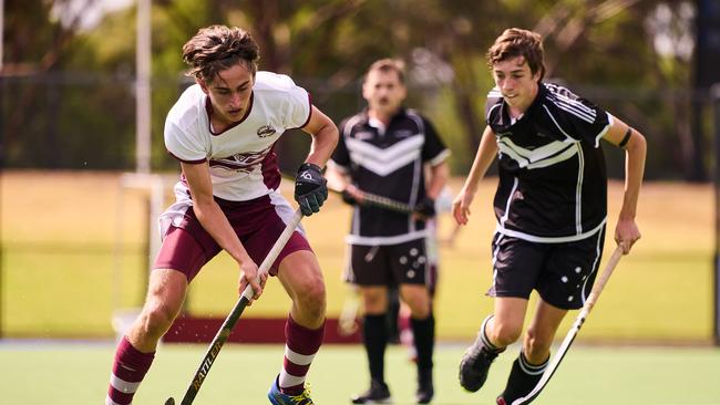 Grange’s Paxton Silby in action against Adelaide University in their Premier League en’s hockey clash on Sunday. The Royals beat Uni 6-2. Picture: Matt Loxton