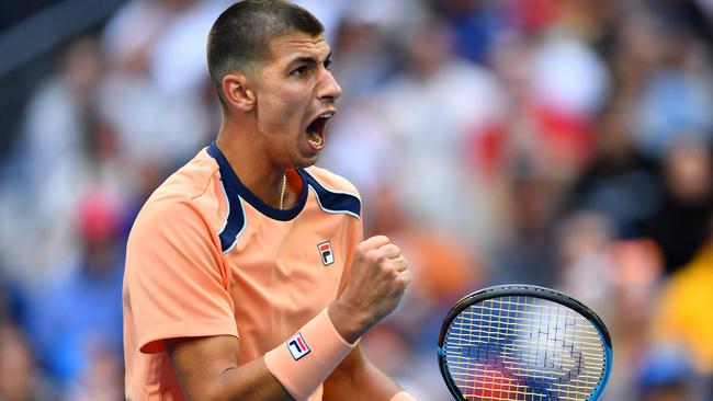 Alexei Popyrin reacts after winning a point in his clash with Taylor Fritz. Picture: AFP Images