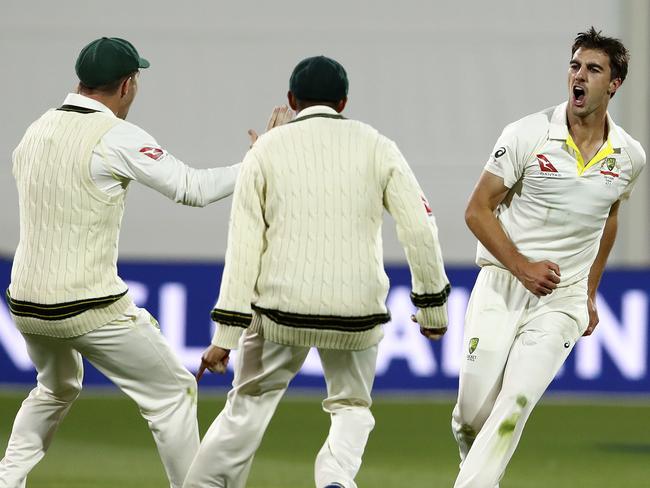 Pat Cummins celebrates the wicket of Dawid Malan during the day-night Ashes Test last summer.