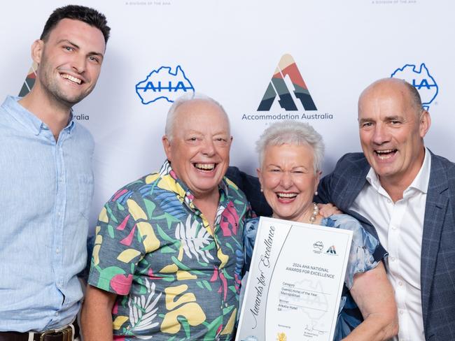 Jordarn Karpowicz, Peter Hurley, Jenny Hurley and Jack Jericho from the Arkaba Hotel celebrate winning Hotel of the Year at the Australian Hotel Association awards night in Brisbane. Picture: Supplied