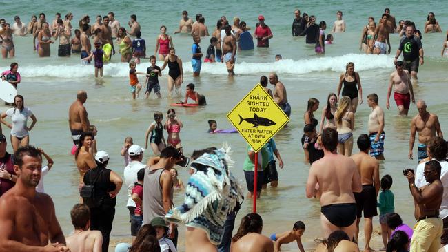 Despite the warnings, many beachgoers were refusing to be intimidated and remained in the sea at Manly. Picture: JOHN FOTIADIS