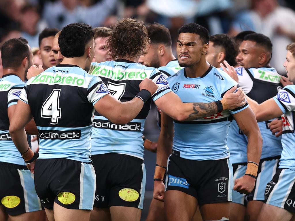 The Sharks’ curse is over, after ending a seven-game finals losing streak to book a spot in the preliminary finals. Picture: Getty Images