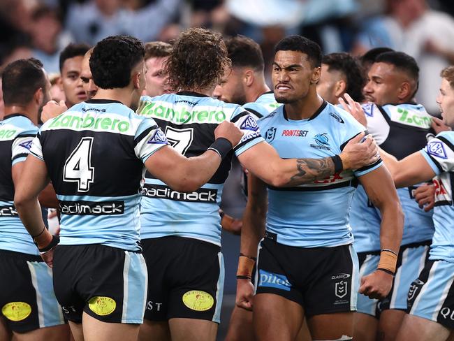 The Sharks’ curse is over, after ending a seven-game finals losing streak to book a spot in the preliminary finals. Picture: Getty Images