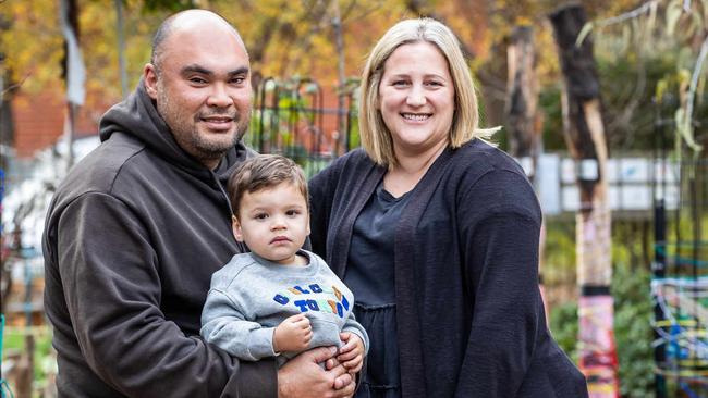 Charlie and Krystal Kimble with son Nate, 1, at the announcement of a significant State Budget commitment to deliver 3-year-old preschool and improve outcomes for children across the state, pictured at Gowrie Preschool, in Thebarton on June 3ed, 2024., Picture: Tom Huntley