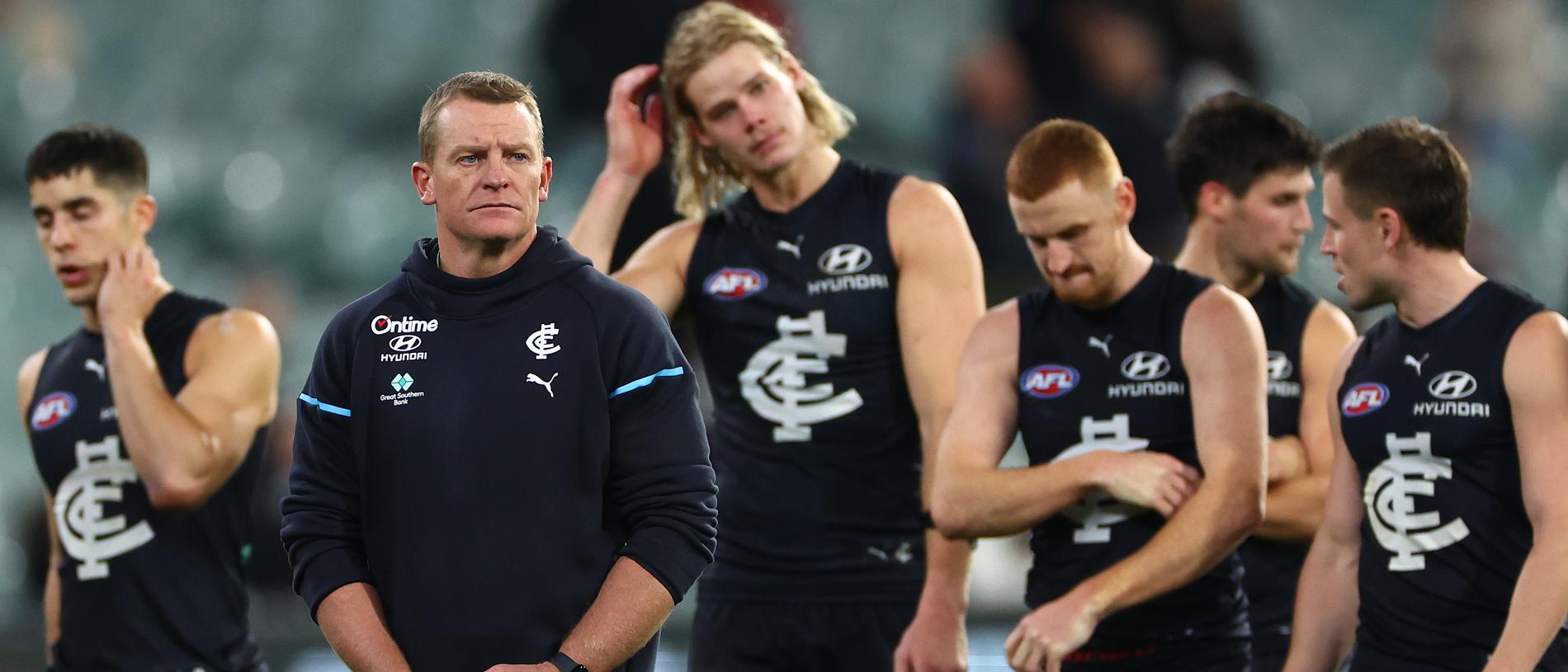 MELBOURNE, AUSTRALIA - MAY 03: Michael Voss, Senior Coach of the Blues looks dejected after losing the round eight AFL match between Carlton Blues and Collingwood Magpies at Melbourne Cricket Ground, on May 03, 2024, in Melbourne, Australia. (Photo by Quinn Rooney/Getty Images)