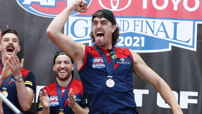 Luke Jackson and Melbourne players are presented to fans in Perth the day after the grand final. Picture: Michael Klein