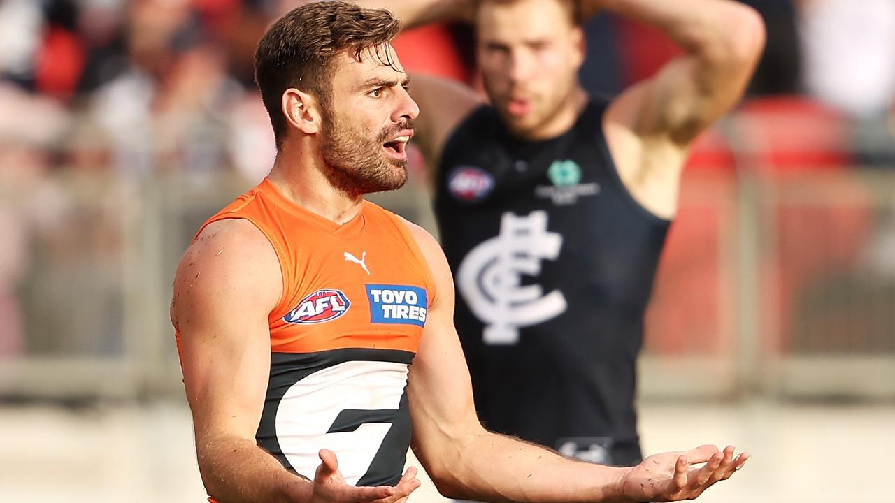 The umpiring department reportedly gave feedback to the AFL that Stephen Coniglio had been regularly complaining to officials on the weekend. Picture: Mark Kolbe / Getty Images