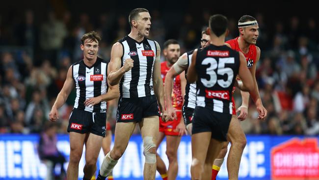 GOLD COAST, AUSTRALIA - JULY 01: Darcy Cameron of the Magpies celebrates a goal during the round 16 AFL match between Gold Coast Suns and Collingwood Magpies at Heritage Bank Stadium, on July 01, 2023, in Gold Coast, Australia. (Photo by Chris Hyde/AFL Photos/via Getty Images)