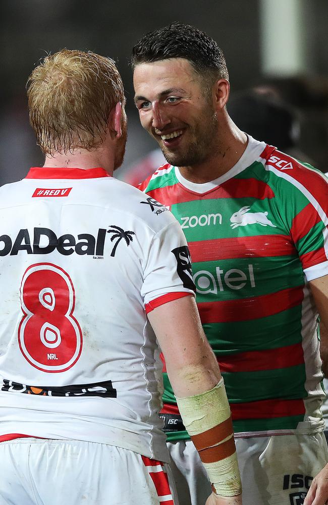 Sam Burgess with Dragon's James Graham at full time at Kogarah Oval. Picture: Phil Hillyard