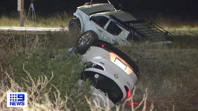 A 19-year-old woman has died while seven others were injured in a horror head-on crash at McLaren Vale. Pictures: Nine News