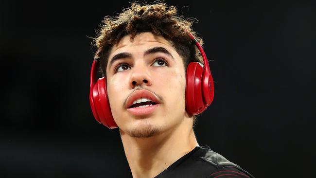 LaMelo Ball isn’t Hollywood — except maybe for those shiny red headphones. Picture: Getty Images