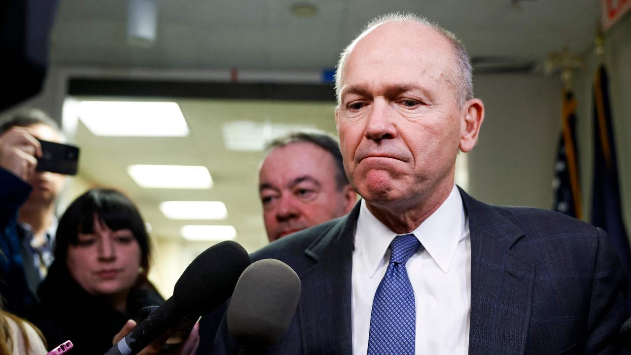 Boeing CEO Dave Calhoun speaks to reporters as he departs from a meeting on Capitol Hill yesterday. Picture: AFP