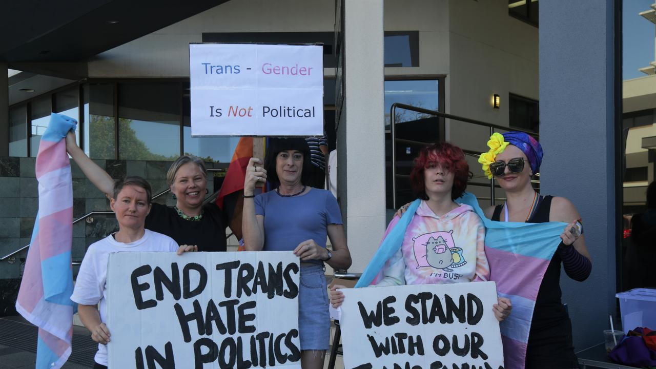 Socialist Alliance Senate candidate Renee Lees (left) with Cairns GP Katie Williamson, Wendy Ramsay, Zenon Godridge and Pip Godridge protesting against “transgender hate in politics” in 2022. Picture: Georgia Clelland