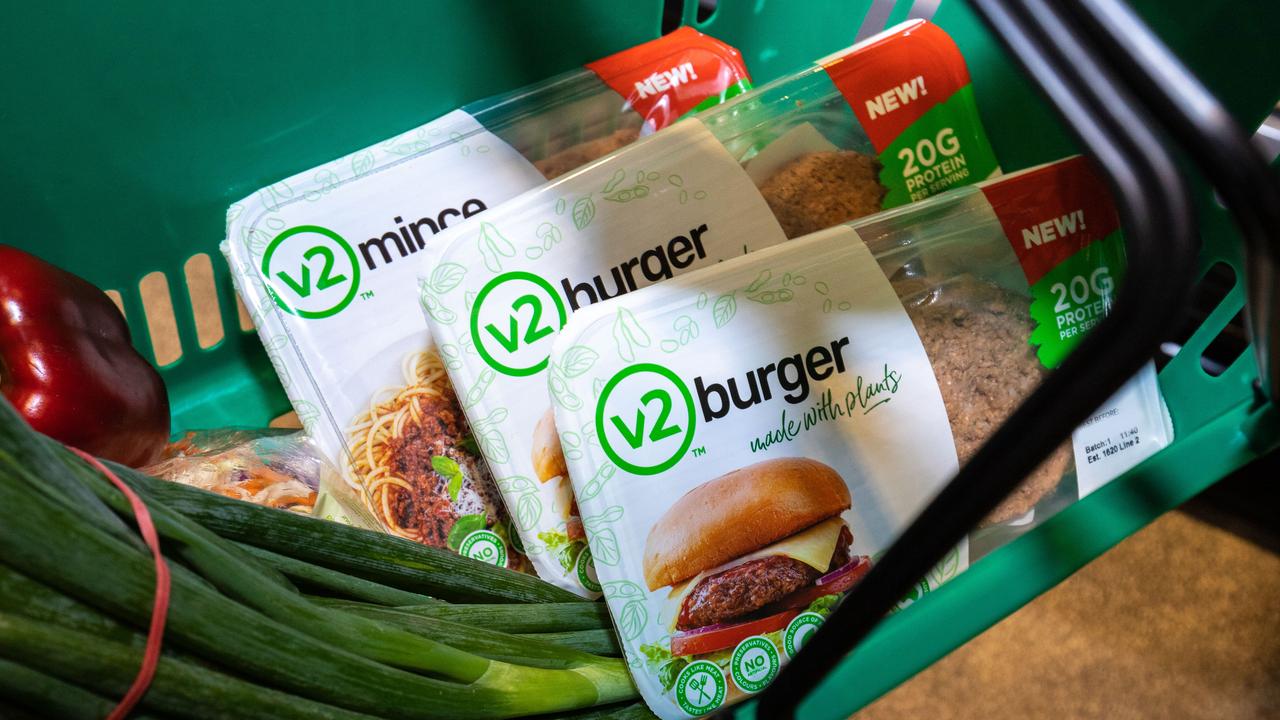 The v2food plant-based meat will be in the meat aisle, where vegans and vegetarians might not normally venture.