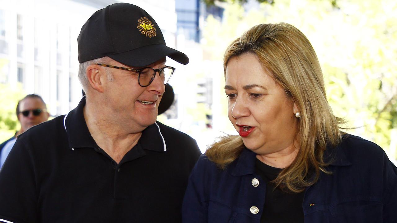 Then premier Annastacia Palaszczuk with Prime Minister Anthony Albanese at the Brisbane Labour Day march in 2023