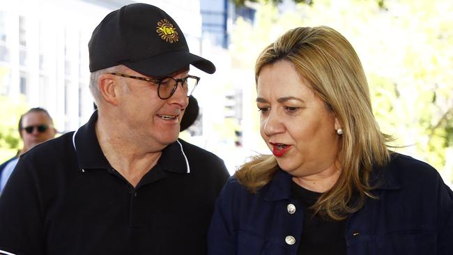 Then premier Annastacia Palaszczuk with Prime Minister Anthony Albanese at the Brisbane Labour Day march in 2023