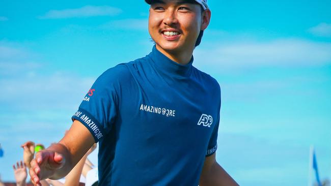 Min Woo Lee of Australia reacts following his victory on the final day of the Australian PGA Championship at the Royal Queensland Golf Club in Brisbane on November 26, 2023. (Photo by Patrick HAMILTON / AFP) / -- IMAGE RESTRICTED TO EDITORIAL USE - STRICTLY NO COMMERCIAL USE --