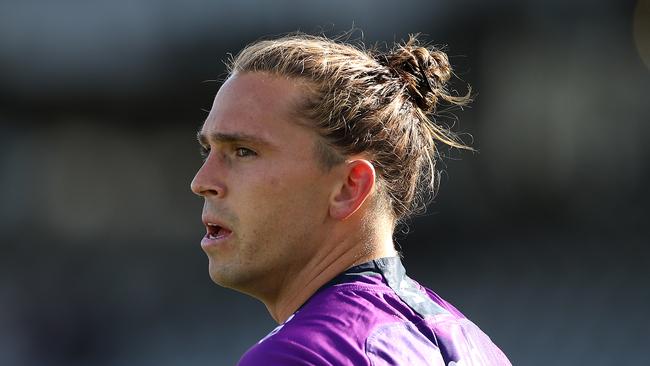 SYDNEY, AUSTRALIA - SEPTEMBER 27: Aaron Booth of the Storm warms up during the round 20 NRL match between the St George Illawarra Dragons and the Melbourne Storm at Netstrata Jubilee Stadium on September 27, 2020 in Sydney, Australia. (Photo by Mark Kolbe/Getty Images)