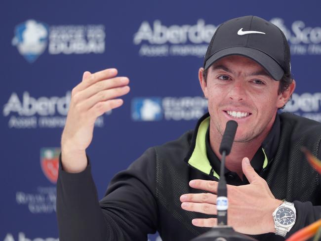 Rory McIlroy of Northern Ireland talks to the media during a press conference after shooting 64 during the first round of the Aberdeen Asset Management Scottish Open.