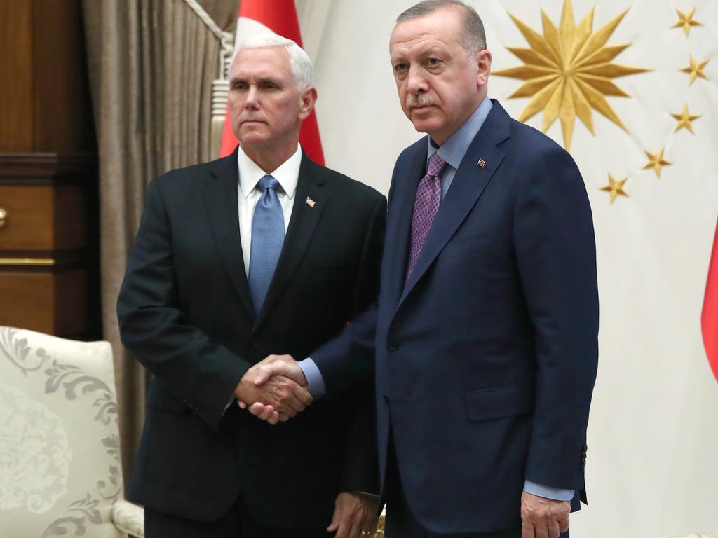 Turkish President Recep Tayyip Erdogan and US Vice President Mike Pence in Turkey. Picture: Murat Cetinmuhurdar/Turkish Presidency via Getty Images