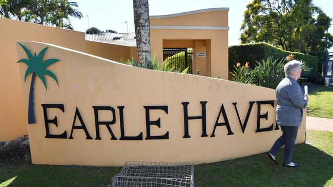 Sherene Gibson, who's friend was moved from Earle Haven's high care wing is seen leaving the Earle Haven Retirement Village on the Gold Coast, Friday, July 19, 2019. Federal authorities held a briefing with families, staff and residents after the abrupt closure of Earle Haven's high care wing. (AAP Image/Darren England)