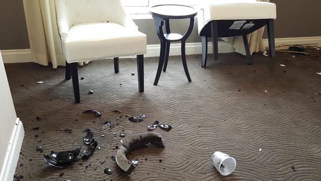 Pictures displayed in court showed the remains of the broken vase Combs threw at Ventura during the sickening attack, which was caught on tape. Picture: US Attorneys
