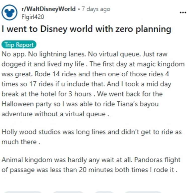 A Reddit said they raw dogged Walt Disney World in Orlando, Florida. Picture: Reddit