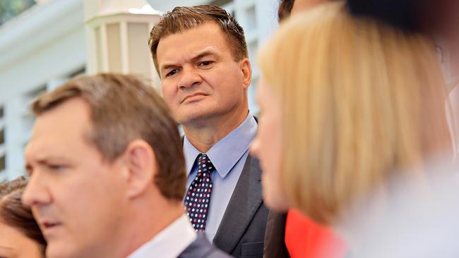 Leaked email ... Agriculture Minister Ken Vowles looks on at  Chief Minister Michael Gunner and Treasurer Nicole Manison