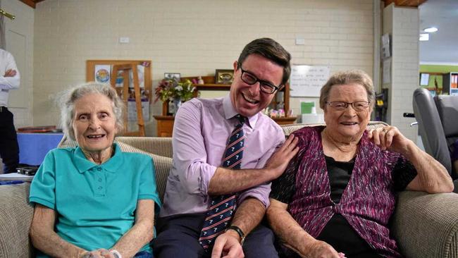 JOKE TIME: Maranoa MP David Littleproud chats with Maurine Master and Carmel May about the needs of aged care residents at Southern Cross Aged Care Allora Homestead. Picture: Michael Nolan