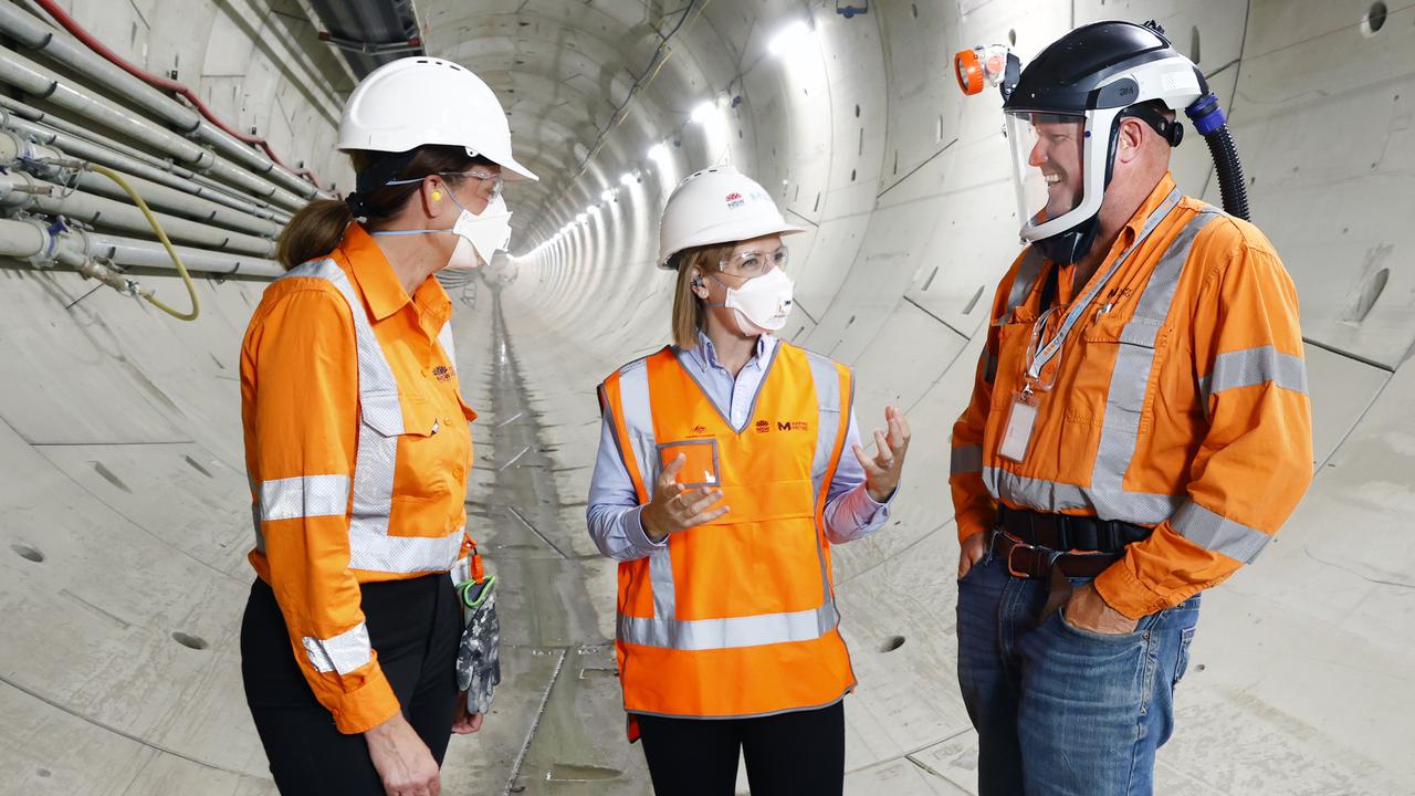 Angela Jeffrey, Project Director of the Sydney Metro – Western Sydney Airport, NSW Minister for Transport and Roads Jo Haylen, and Tim Burns, Project Director of CPB Contractors Ghella JV underground in a tunnel section at the Badgerys Creek site of Metro Western Sydney Airport. Picture: Richard Dobson