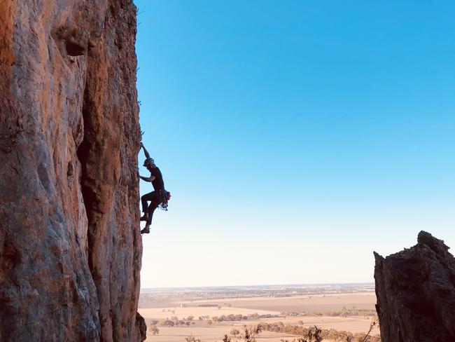 EMBARGO 6AM SATURDAY 6TH APRIL ** WARNING DO NOT USE EMBARGO CONTACT SARAH MATRAY HS PIC DESK IF ANY QUESTIONS** Free climber Tom Perkins at  Mount Arapiles. With over two thousand climbs in such a concentrated area of rock this collection of cliffs and gullies is internationally renowned for its quality of climbs and rock, with people traveling from all over to climb here. With climbing bans over large areas already in place due to cultural heritage concerns and more likely to follow, the climbing community are struggling to push back against Parks Victoria's broad approach. Picture: Jason Edwards