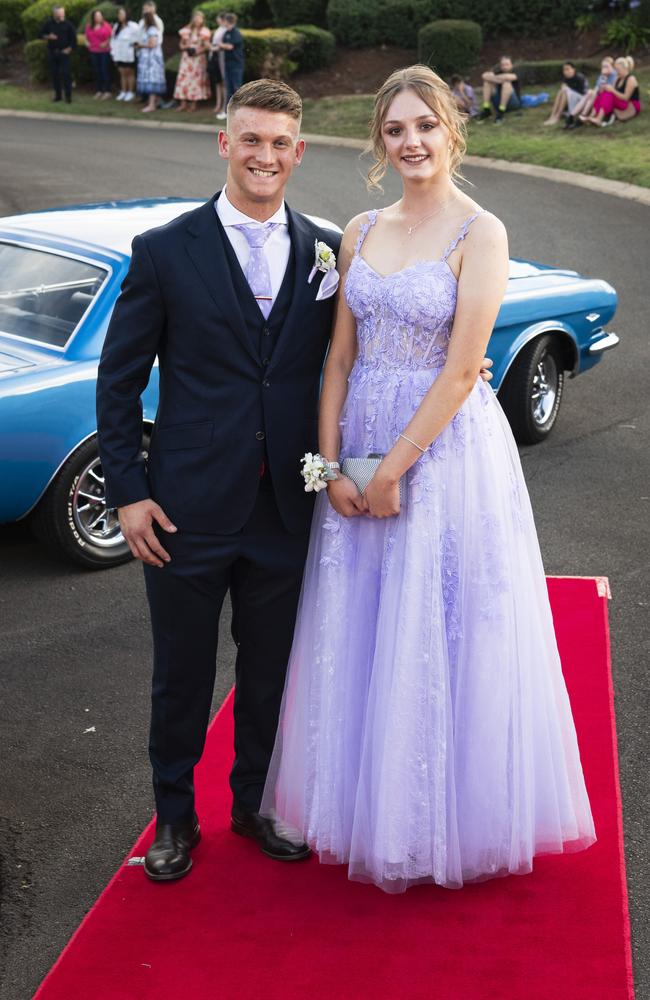 Graduates Isaac Logan and Regan Cumner arrive at Mary MacKillop Catholic College formal at Highfields Cultural Centre, Thursday, November 14, 2024. Picture: Kevin Farmer